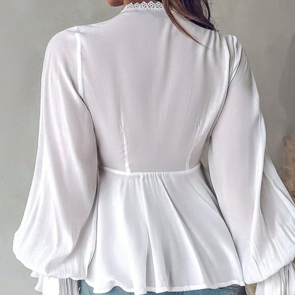 White Sexy Women's Contrast Lace Long Lantern Sleeve Blouse Peplum Top - Picture 2 of 3